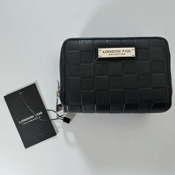 London Fog Dahlia Black Checkered Double Zip Around Wallet Faux Leather Compact - Picture 1 of 4